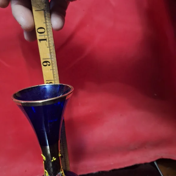 Vintage Bohemian Cobalt Blue Bud Vase – Hand-Painted Gold & Floral – 8" - Picture 10 of 11